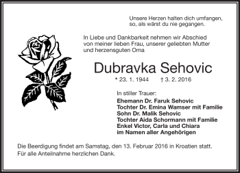 Traueranzeige von Dubravka Sehovic von Frankenpost