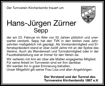 Traueranzeige von Hans-Jürgen Zürner von Frankenpost