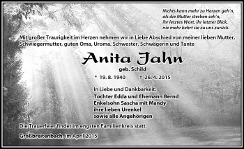 Traueranzeige von Anita Jahn von Südthüringer Presse