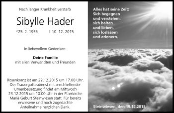 Traueranzeige von Sibylle Hader von Neue Presse Coburg