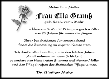 Traueranzeige von Ella Gramß von Südthüringer Presse