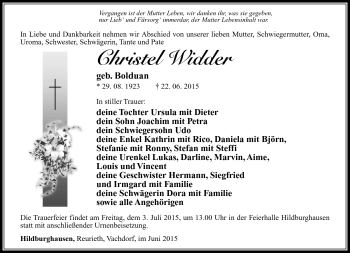 Traueranzeige von Christel Widder von Südthüringer Presse