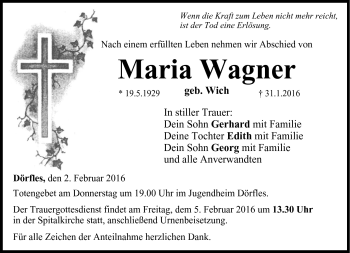 Traueranzeige von Maria Wagner von Neue Presse Coburg