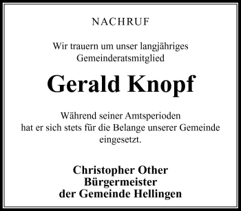 Traueranzeige von Gerald Knopf von Südthüringer Presse