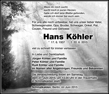 Traueranzeige von Hans Köhler von Südthüringer Presse