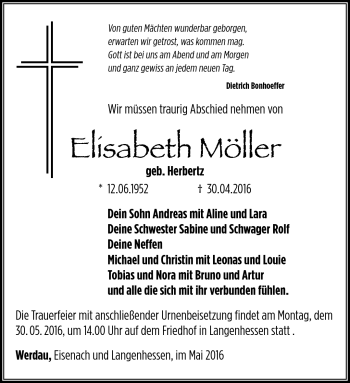 Traueranzeige von Elisabeth Möller von Südthüringer Presse
