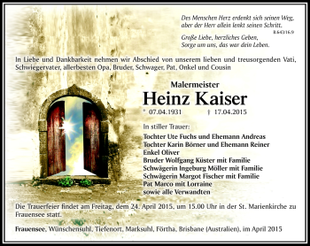 Traueranzeige von Heinz Kaiser von Südthüringer Presse
