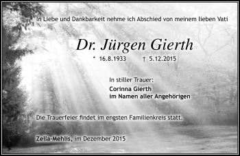 Traueranzeige von Jürgen Gierth von Südthüringer Presse