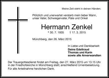 Traueranzeige von Hermann Zenkel von Frankenpost