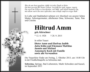 Traueranzeige von Hiltrud Amm von Südthüringer Presse