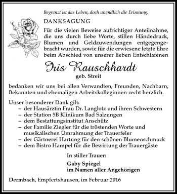 Traueranzeige von Iris Rauschhardt von Südthüringer Presse