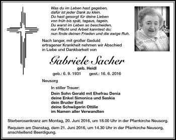 Traueranzeige von Gabriele Sacher von Frankenpost