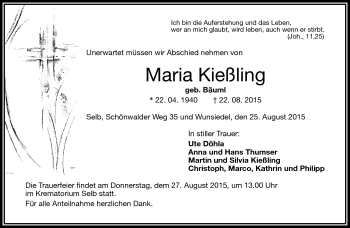 Traueranzeige von Maria Kießling von Frankenpost