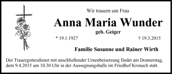 Traueranzeige von Anna Maria Wunder von Neue Presse Coburg