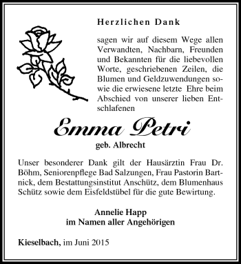 Traueranzeige von Emma Petri von Südthüringer Presse