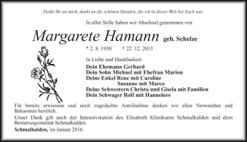 Traueranzeige von Margarete Hamann von Südthüringer Presse