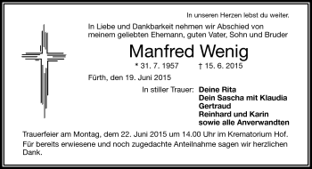 Traueranzeige von Manfred Wenig von Frankenpost