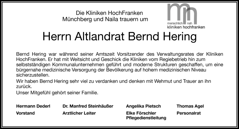  Traueranzeige für Bernd Hering vom 26.05.2015 aus Frankenpost