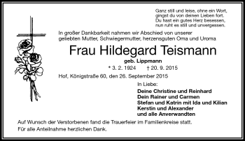 Traueranzeige von Hildegard Teismann von Frankenpost