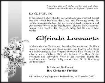 Traueranzeige von Elfriede Lennartz von Südthüringer Presse
