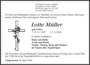 Traueranzeige von Lotte Müller von Südthüringer Presse
