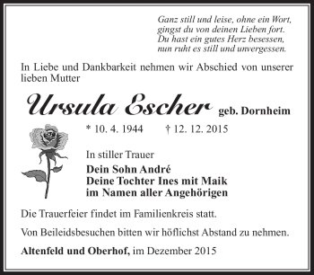 Traueranzeige von Ursula Escher von Südthüringer Presse