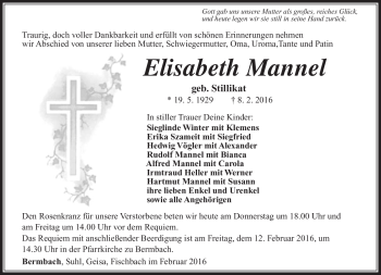Traueranzeige von Elisabeth Mannel von Südthüringer Presse