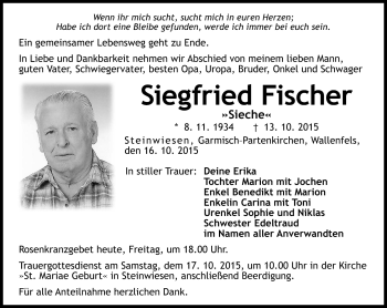 Traueranzeige von Siegfried Fischer von Neue Presse Coburg