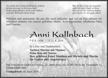 Traueranzeige von Anni Kallnbach von Südthüringer Presse