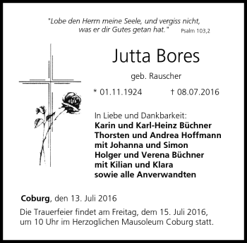 Traueranzeige von Jutta Bores von Neue Presse Coburg