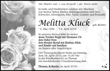 Traueranzeige von Melitta Kluck von Südthüringer Presse