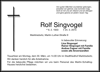 Traueranzeige von Rolf Singvogel von Frankenpost