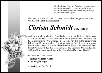 Traueranzeige von Christa Schmidt von Südthüringer Presse