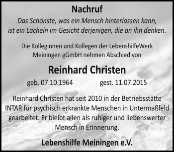 Traueranzeige von Reinhard Christen von Südthüringer Presse