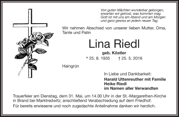 Traueranzeige von Lina Riedl von Frankenpost