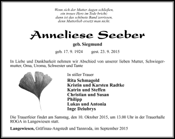 Traueranzeige von Anneliese Seeber von Südthüringer Presse