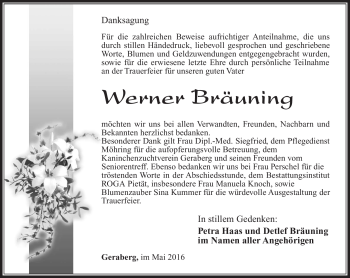 Traueranzeige von Werner Bräuning von Südthüringer Presse