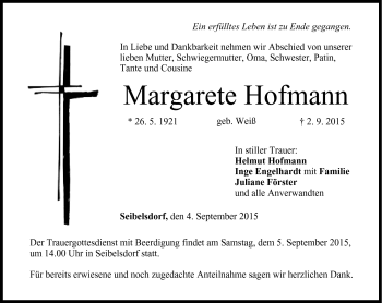 Traueranzeige von Margarete Hofmann von Neue Presse Coburg