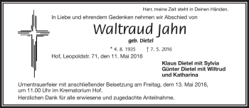 Traueranzeige von Waltraud Jahn von Frankenpost