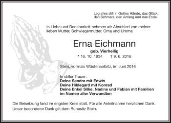Traueranzeige von Erna Eichmann von Frankenpost