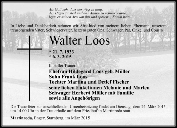 Traueranzeige von Walter Loos von Südthüringer Presse