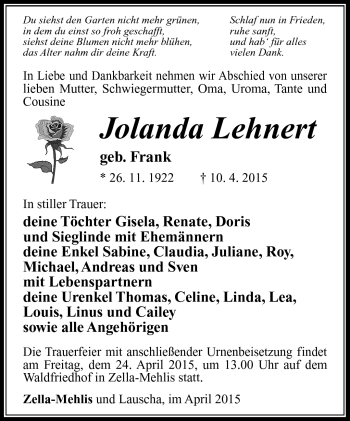 Traueranzeige von Jolanda Lehnert von Südthüringer Presse