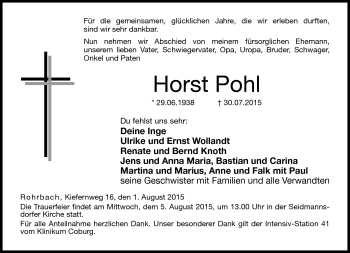Traueranzeige von Horst Pohl von Neue Presse Coburg