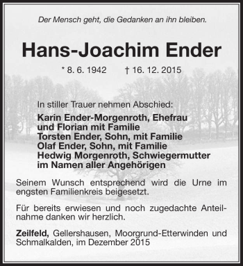 Traueranzeige von Hans-Joachim Ender von Südthüringer Presse