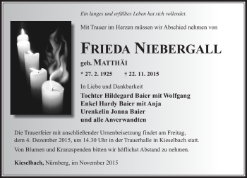 Traueranzeige von Frieda Niebergall von Südthüringer Presse