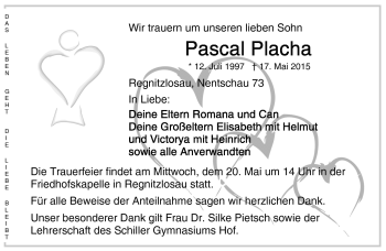 Traueranzeige von Pascal Placha von Frankenpost
