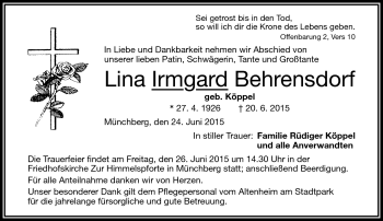 Traueranzeige von Irmgard Behrendsdorf von Frankenpost