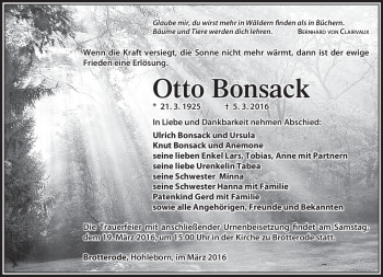 Traueranzeige von Bonsack Otto von Südthüringer Presse