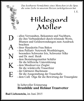 Traueranzeige von Hildegard Möller von Südthüringer Presse