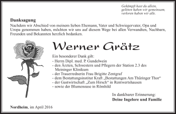 Traueranzeige von Werner Grätz von Südthüringer Presse